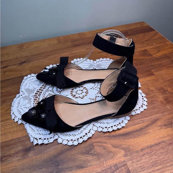 Bill Blass Leather Black Floral Sequins Ankle Strap 8.5 Anthrologie Bow Party - Picture 6 of 9